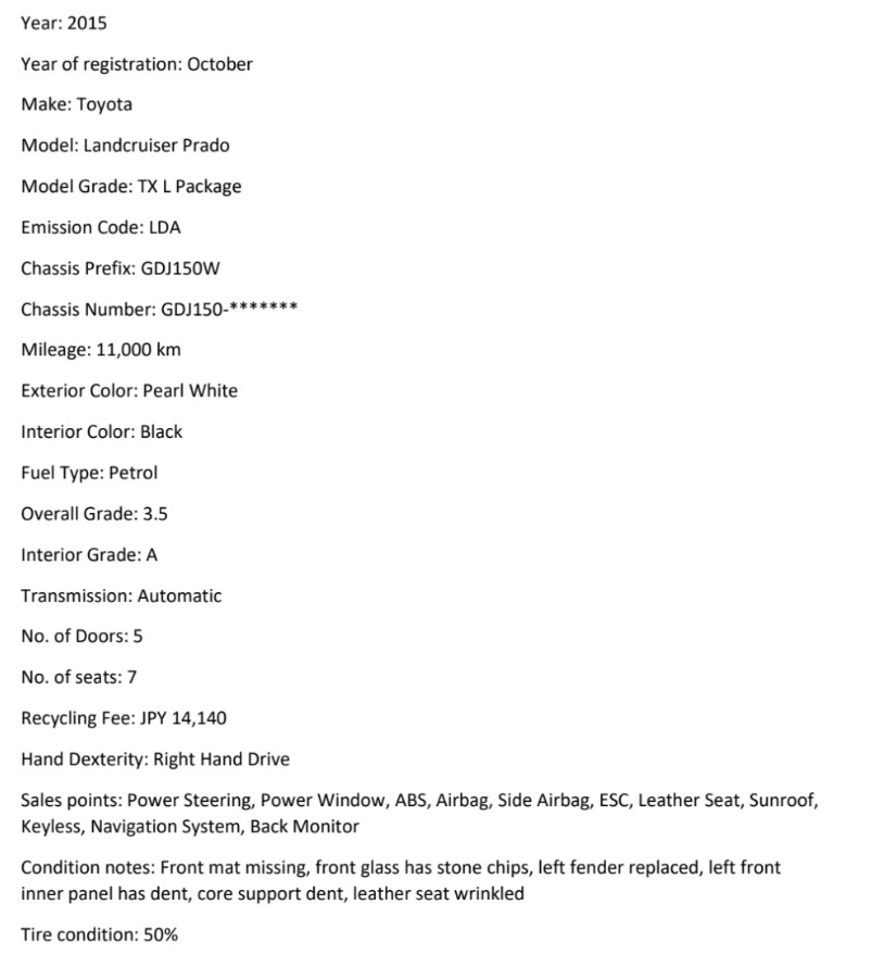 Japanese auction sheet translation to english